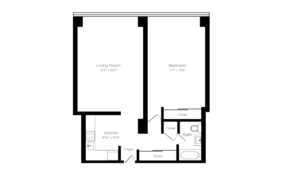 Classic 1 Bed - 1 bedroom floorplan layout with 1 bath and 600 square feet.