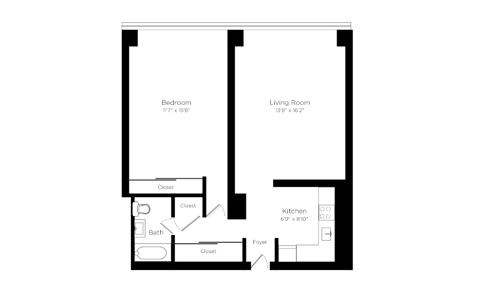 Classic 1 Bed - 1 bedroom floorplan layout with 1 bath and 620 square feet.