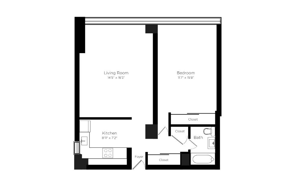 Classic 1 Bed - 1 bedroom floorplan layout with 1 bath and 640 square feet.